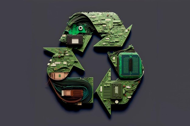 Знак за рециклиране с изображения на платки от електрони устройства